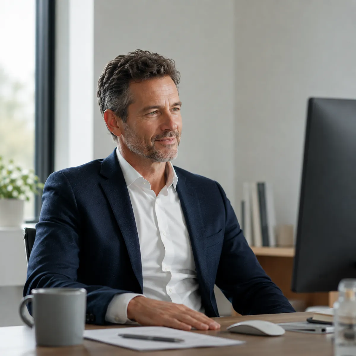 A business leader sits at a desk in a bright, modern office, looking toward a computer screen with a faint, relaxed smile. Soft natural daylight illuminates the scene as one hand rests on the desk, conveying a quiet moment of understanding and renewed confidence without overt emotion.