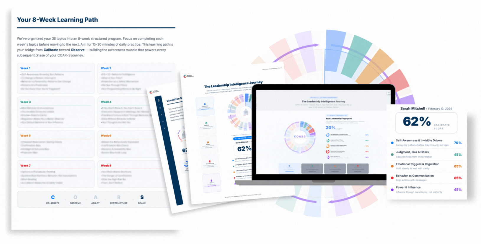 A sample LISA result: the 8-week learning path, the executive summary, the Leadership Intelligence Journey report on screen and in print, and a Calibrate score card breaking the read into five measured dimensions.