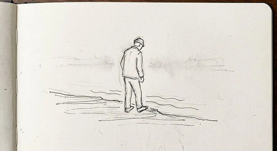 Standing at the river in thick fog