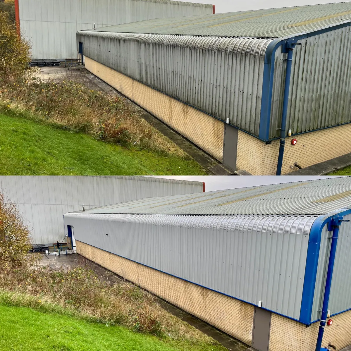 Business park cladding, before and after soft washing