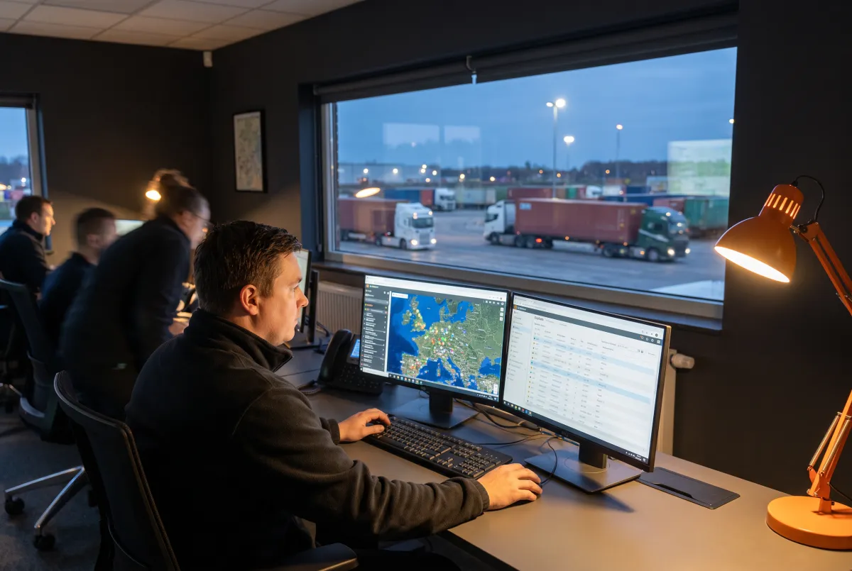 Logistics dispatch office representing Delvetek's managed IT and cybersecurity for freight companies