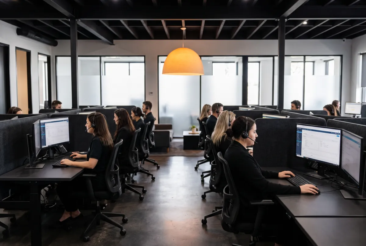 Call center office representing Delvetek's managed IT and cybersecurity for BPOs