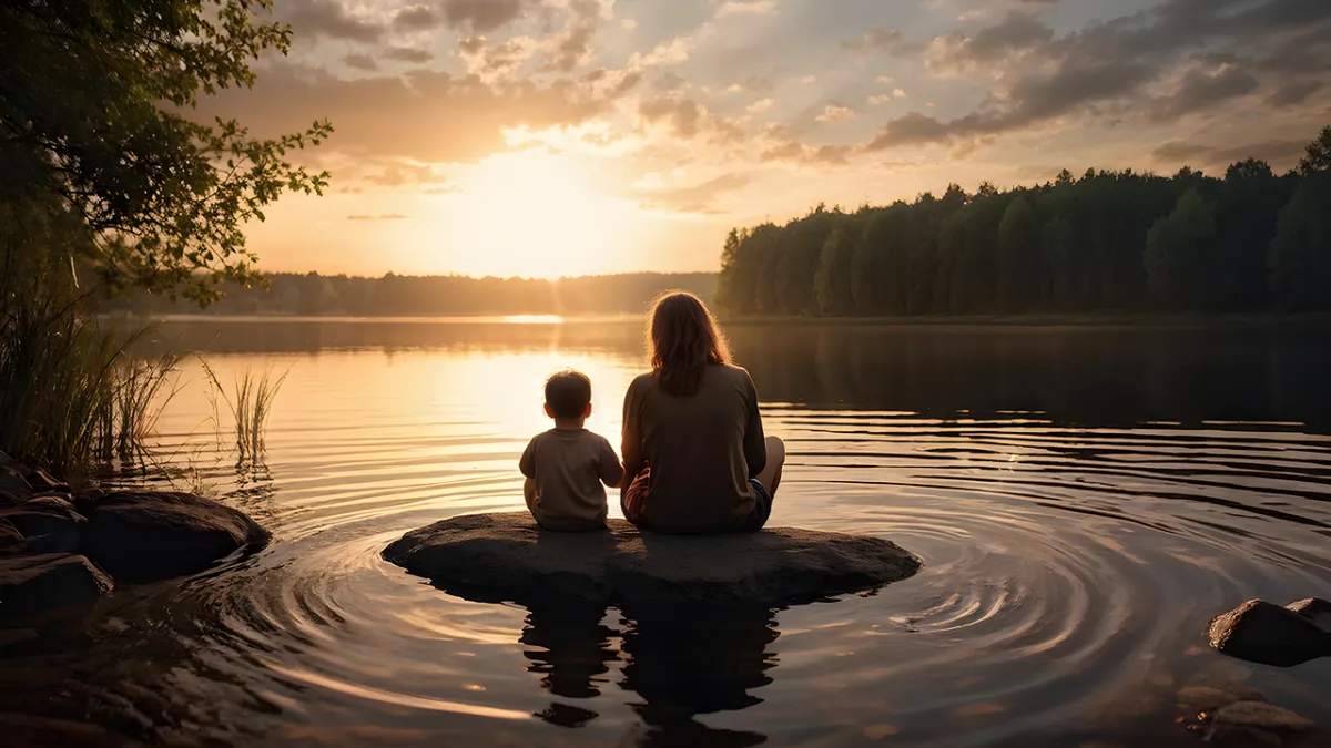 Mother and child in a body of water, calm and peaceful