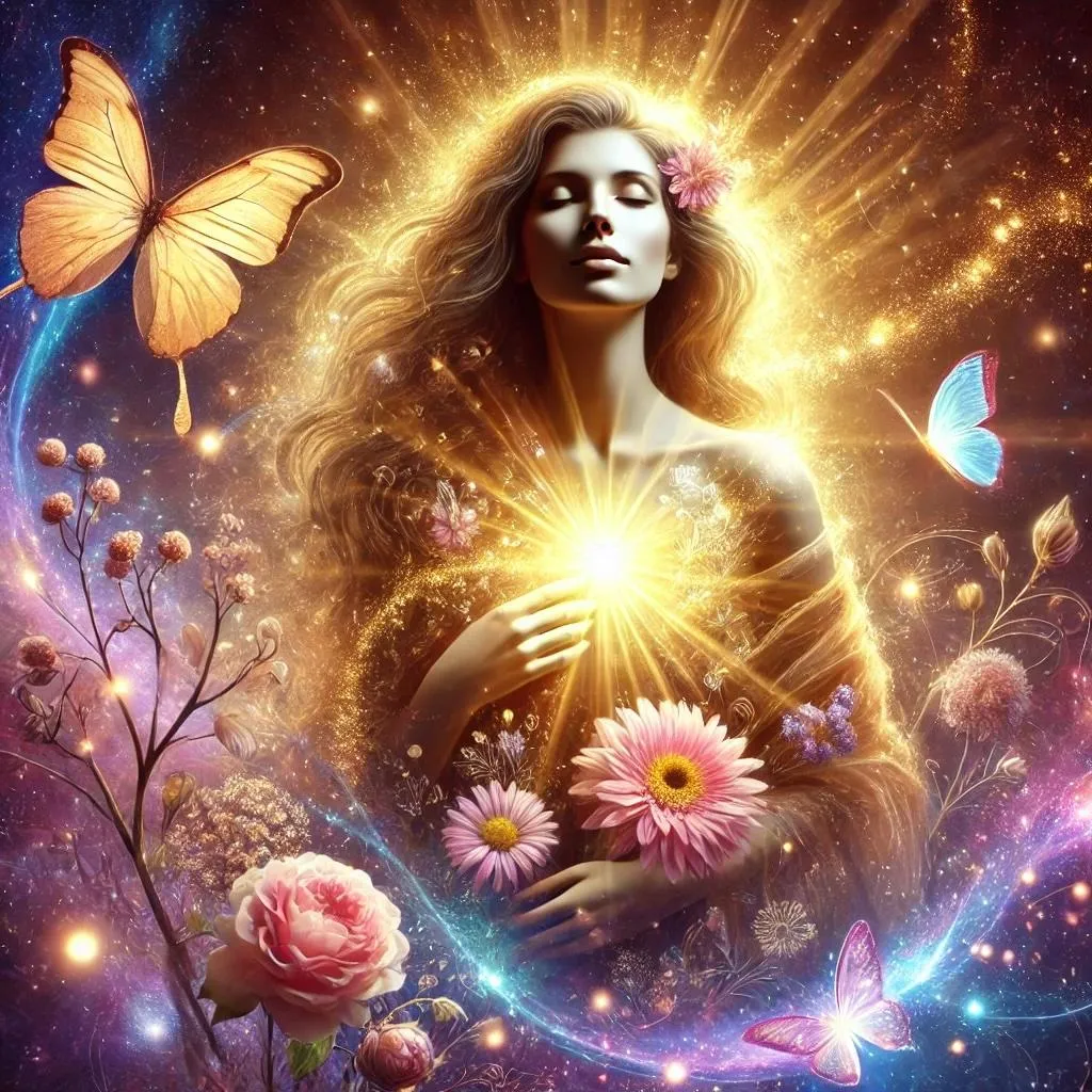 Computor generated image of goddess surrounded by nature