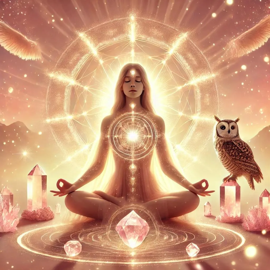 Computor generated image of a woman sitting in a crystal circle, embracing universal energy. An owl and crystal adorn the background.