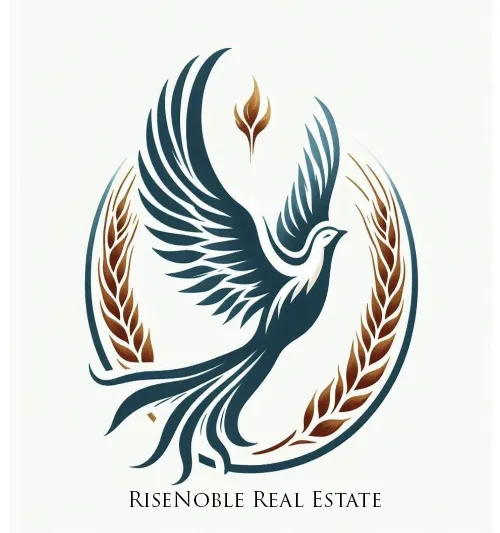 Rise Noble Real Estate logo: Phoenix-like dove with barley stalks, symbolizing renewal and prosperity.