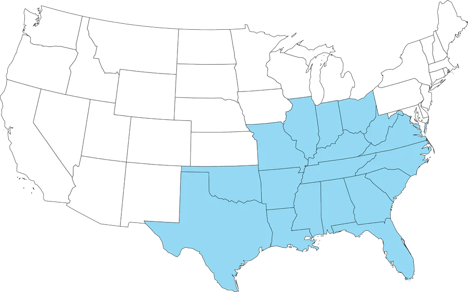 U.S. service area map highlighting covered states
