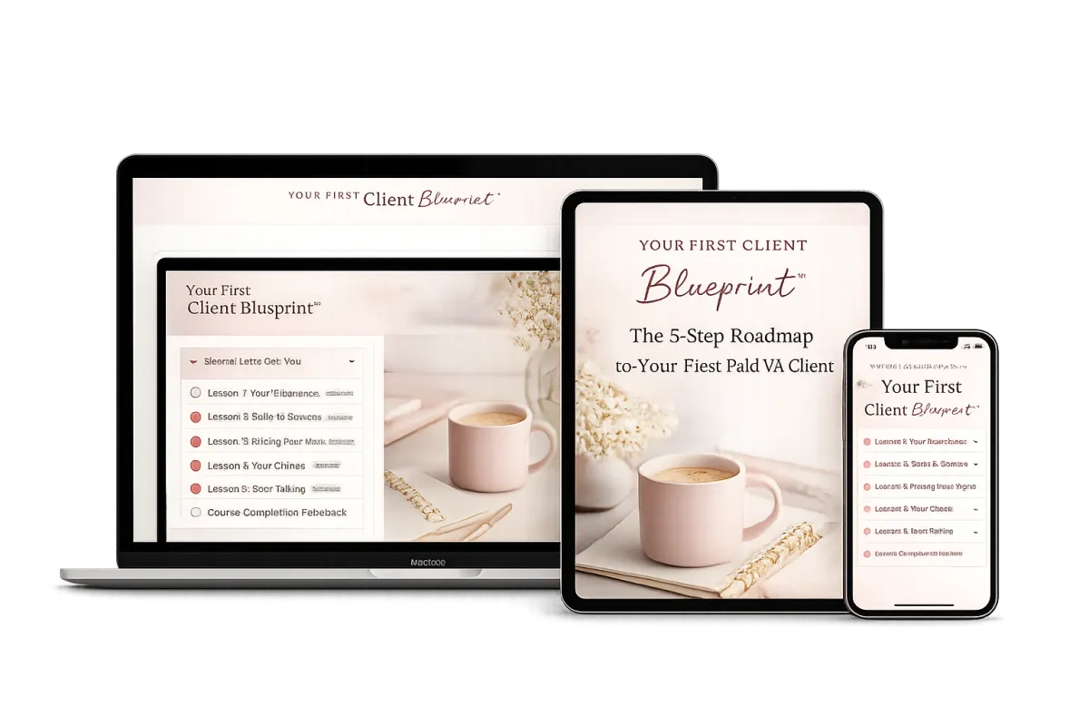 The First Client Blueprint virtual assistant course displayed on laptop, tablet and mobile devices.