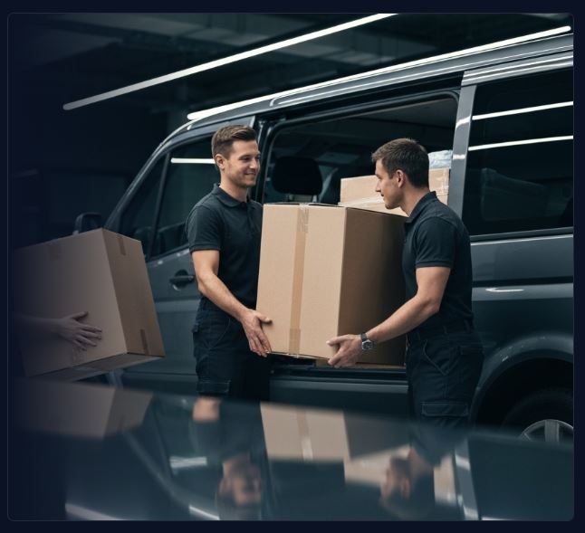 Moving crew loading a truck, professional on-the-job shot