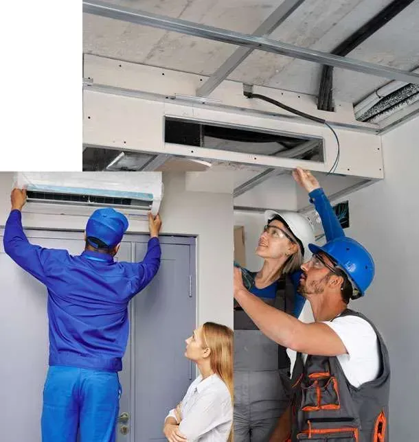 HVAC technicians installing an air conditioning unit while a woman observes, highlighting expertise and teamwork in energy-efficient climate control solutions.
