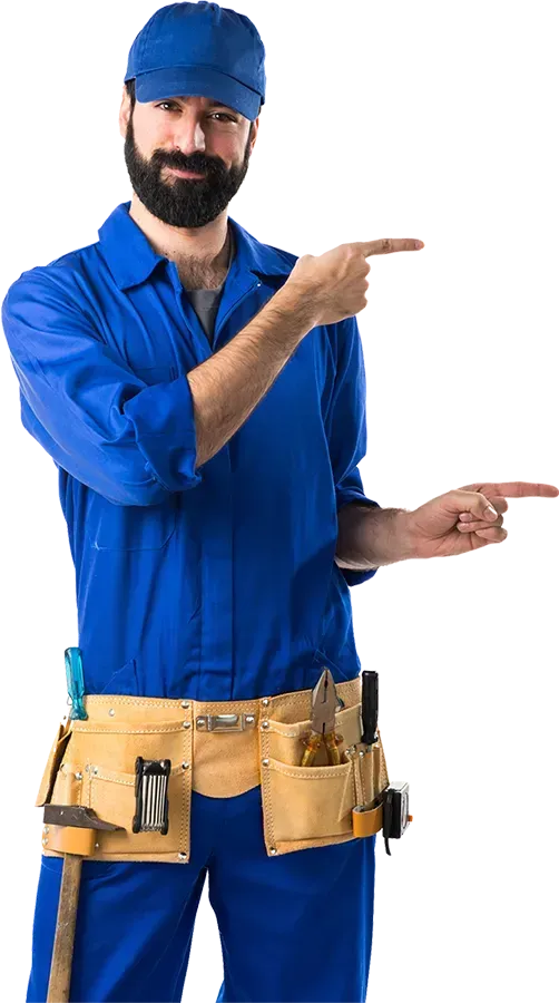 HVAC technician in blue uniform and cap, pointing, showcasing expertise in heating, ventilation, and air conditioning services.