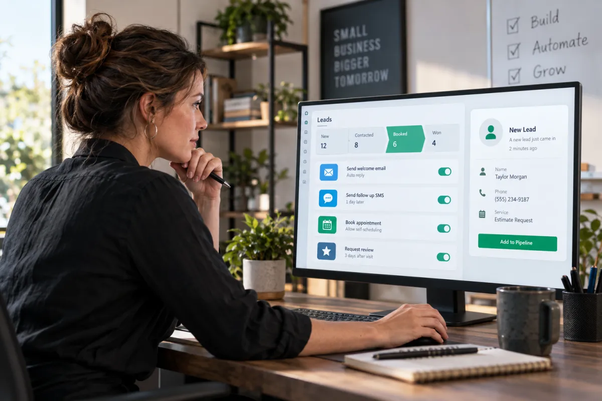 Small-business owner reviewing a done-for-you marketing automation and CRM workflow dashboard