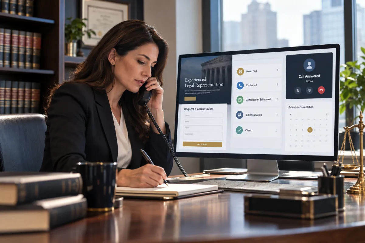 Law firm intake funnel connecting a legal landing page, lead form, CRM follow-up, and consultation scheduling