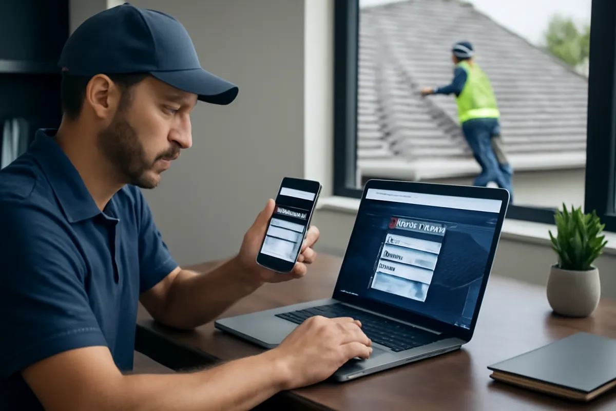 Roofing contractor reviewing a roofing lead generation funnel and quote form