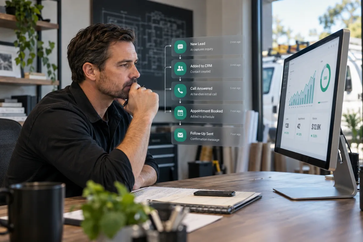 Small business owner reviewing AI business automation workflows for leads, scheduling, CRM follow-up, and reporting