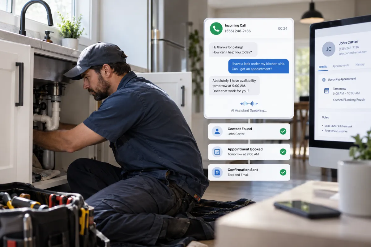 AI appointment booking for small business connecting a customer call, CRM record, and service calendar