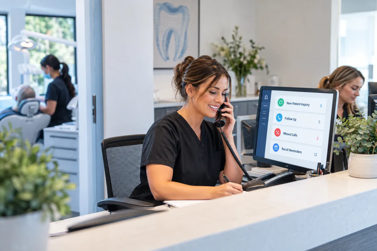 Dental practice team using a CRM for new patients, appointment follow-up, and recall automation