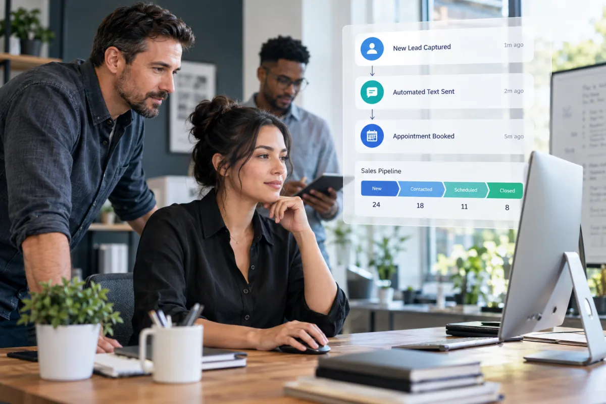 Small-business team using CRM automation to manage leads, appointments, and sales pipeline stages