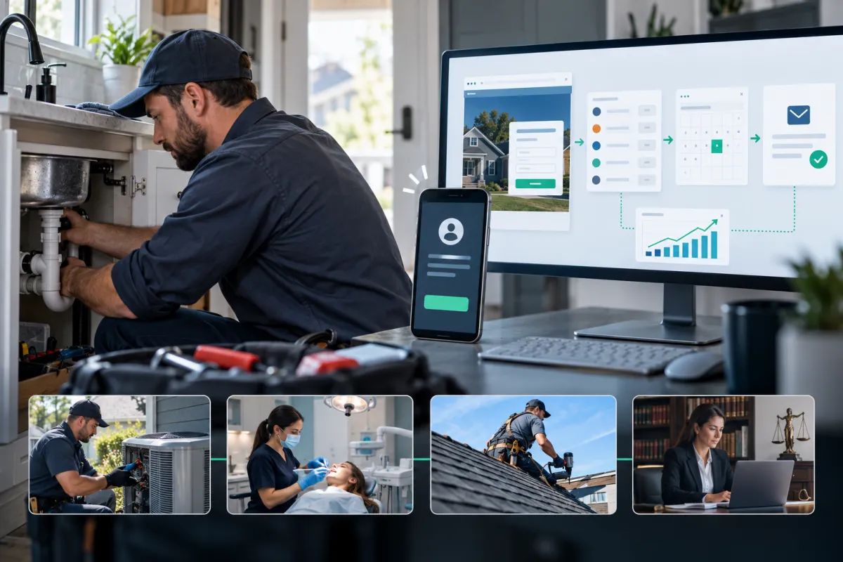 Done-for-you small-business website and sales funnel connected to a CRM, booking calendar, analytics, and follow-up automation