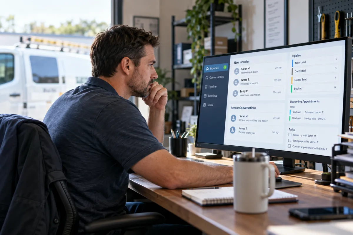 Small-business owner reviewing an automated lead follow-up CRM and appointment pipeline