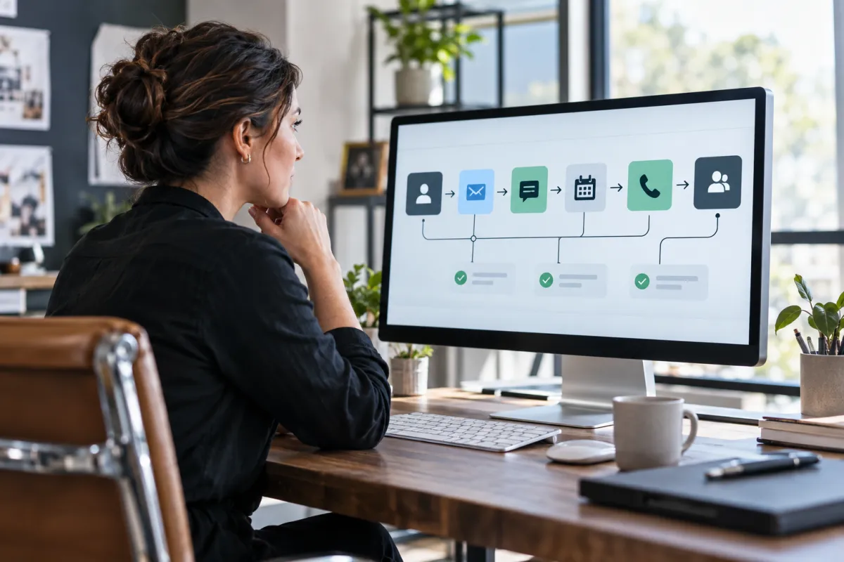 Small-business owner reviewing a done-for-you marketing automation workflow and CRM dashboard