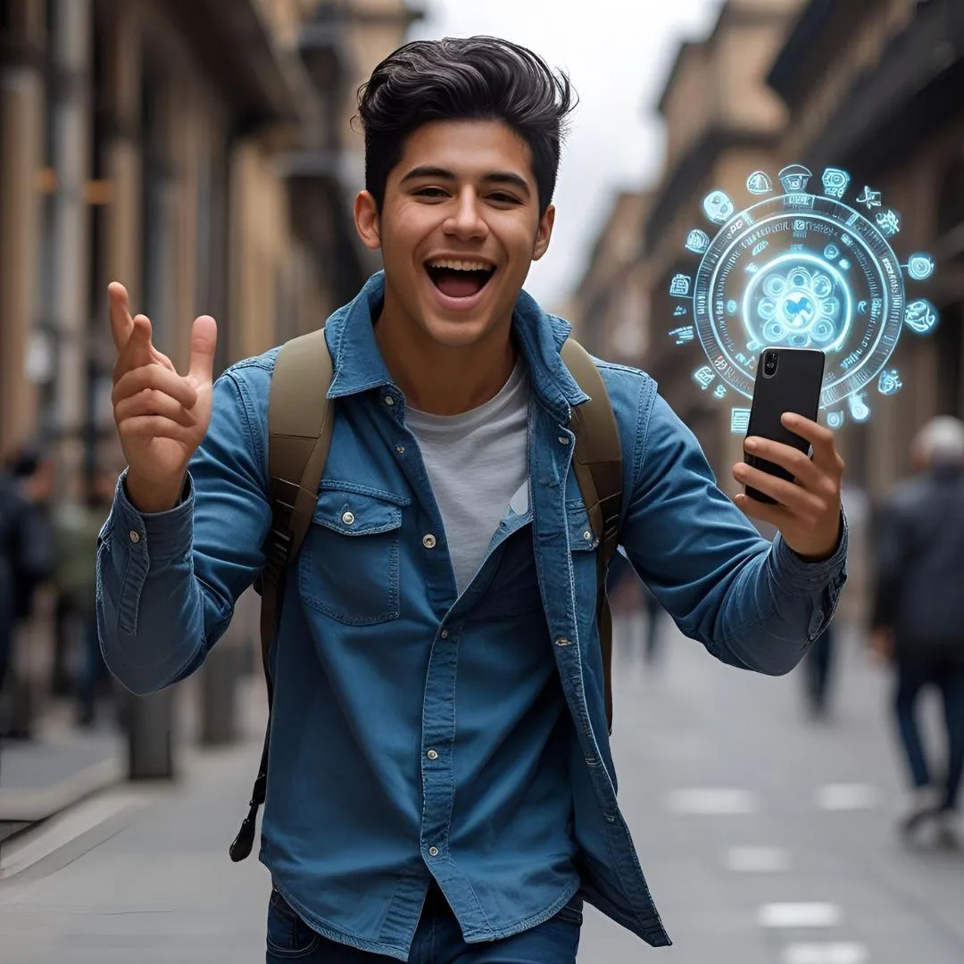 man smiling with a cellphone with holograms in one hand