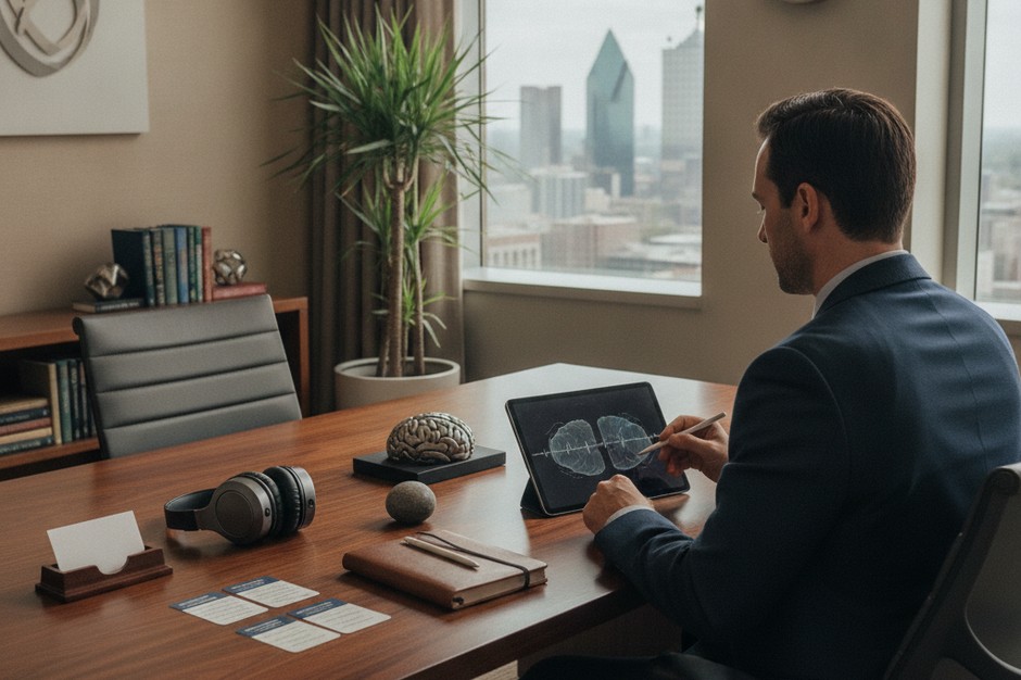 Executive man in private behavioral psychology consultation session