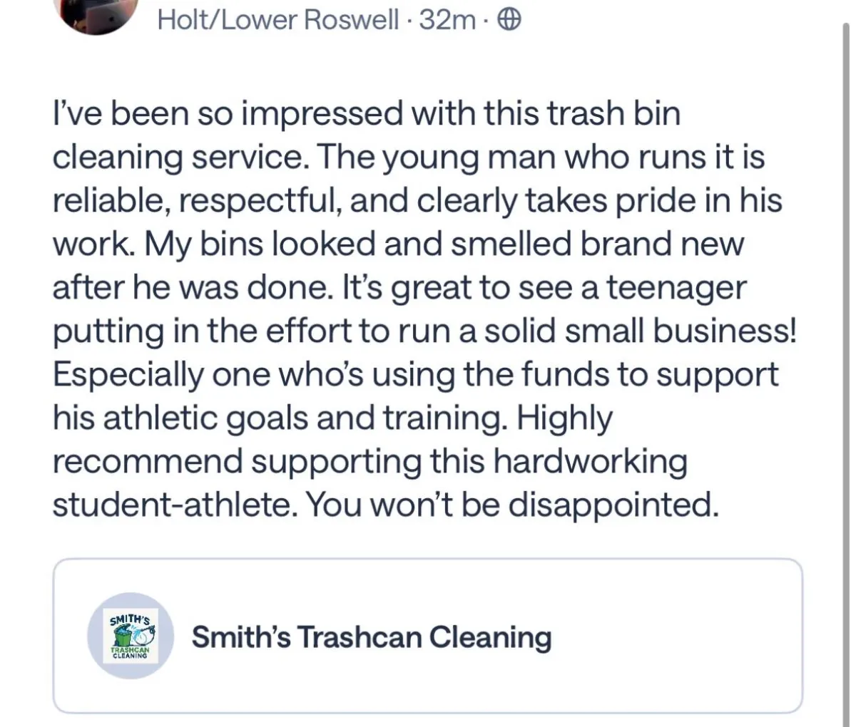 reviews, 5 star, quality service, trashcan cleaning, Marietta, student athletes, support, local