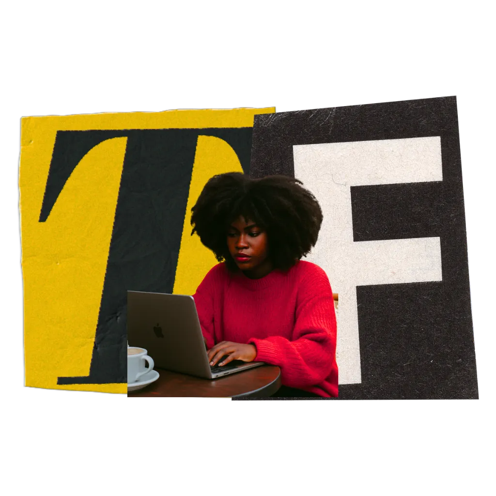 letterT in yellow and black, the letter F in black and white a beautiful black woman with red lipstick, in a fuzzy red sweater, typing on an apple computer at a table with coffee thick afro 