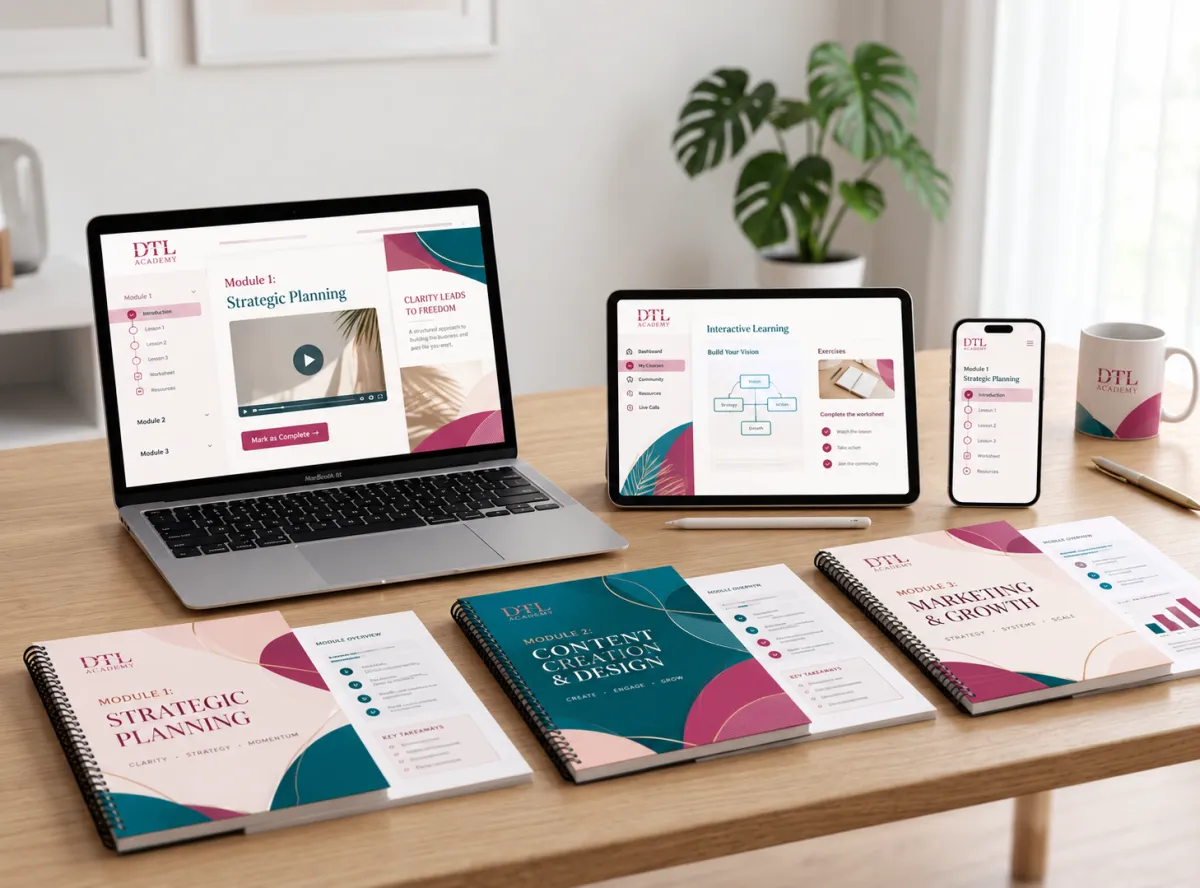 Mockups of digital course materials including a laptop, tablet, phone, and several printed workbooks.