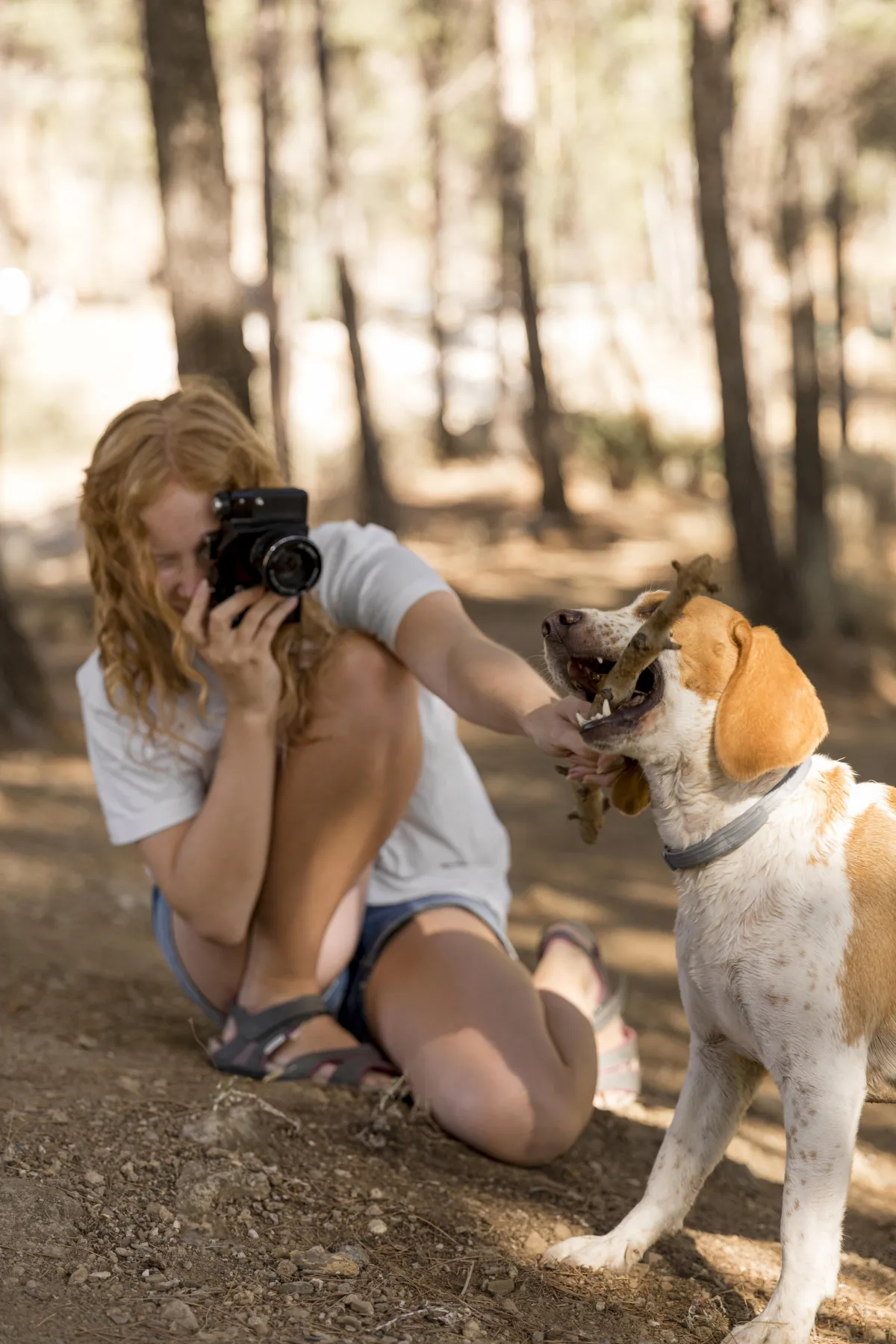 woman taking a picture of her dog