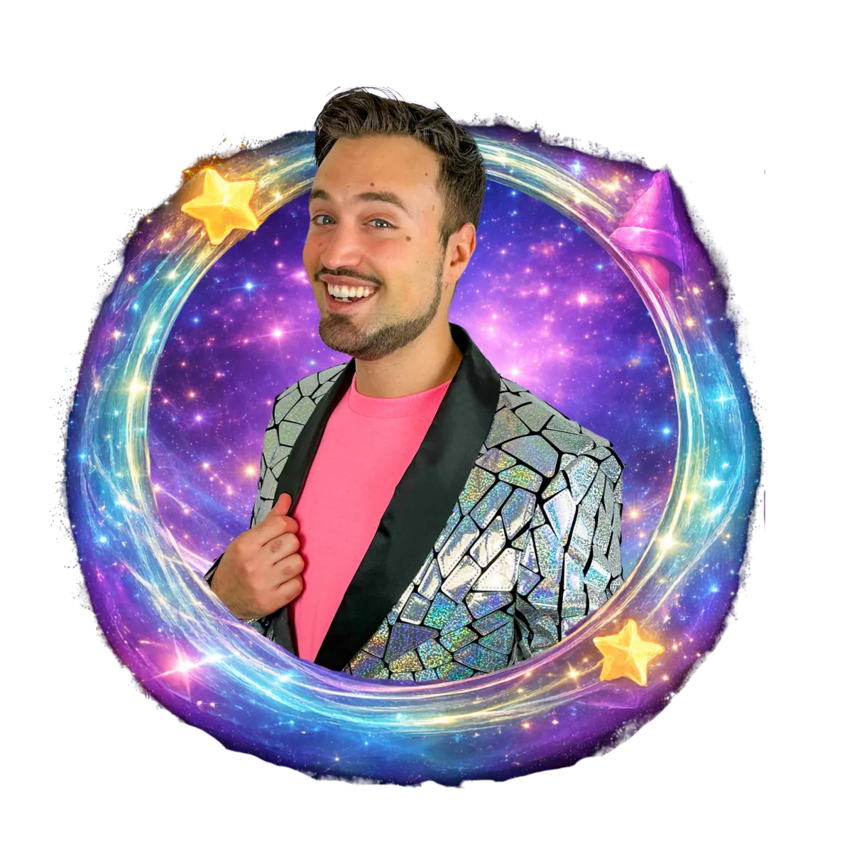 Portrait of a charismatic male illusionist named Aaron