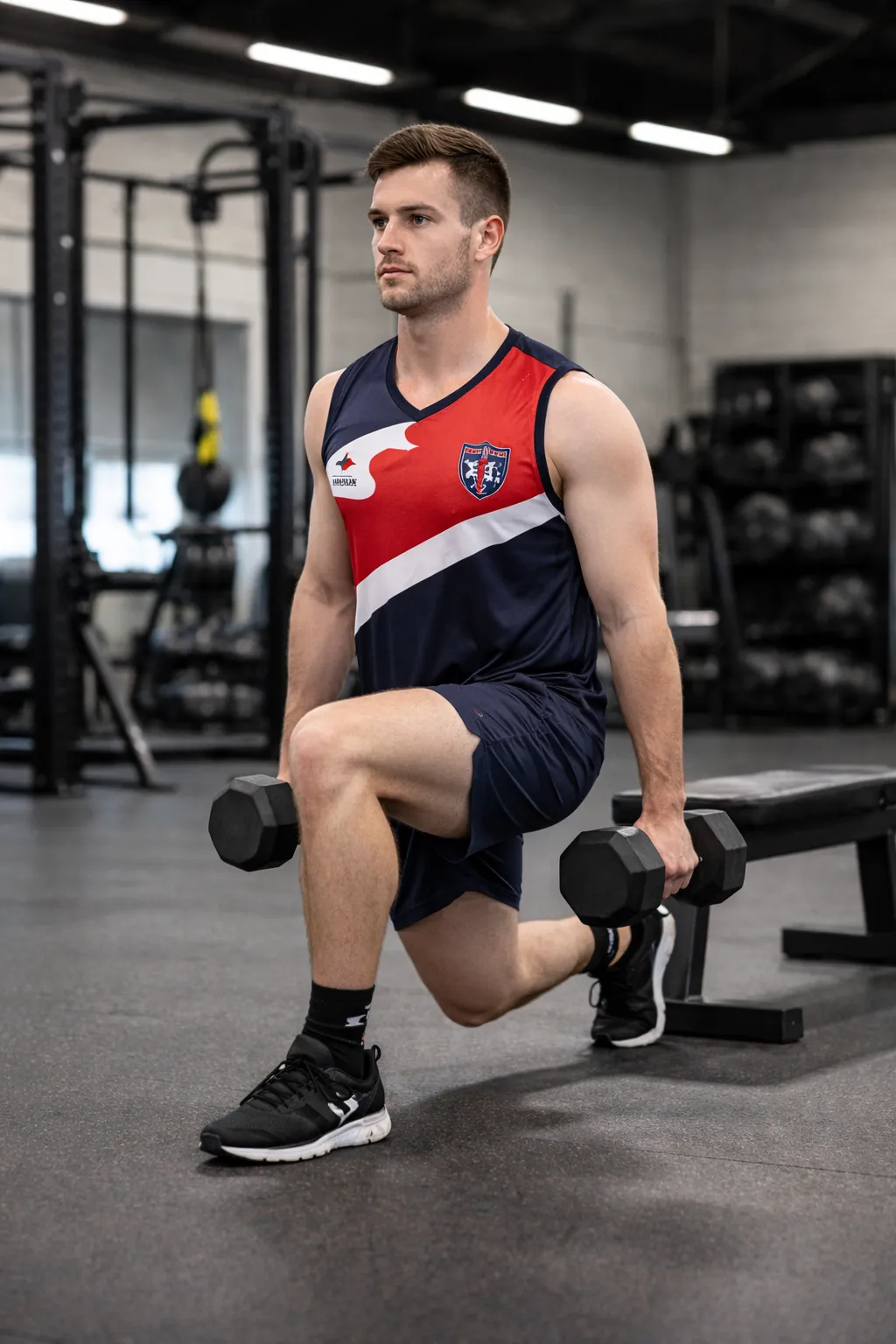young football player wearing a red, navy and white local club training singlet performs a dumbbell split squat in a modern gym. His back foot is elevated on a bench while he holds a dumbbell in each hand at his sides. The athlete has an average build and maintains an upright posture as he lowers into the movement. In the background, squat racks, weight plates and gym equipment are slightly blurred under bright overhead lighting.