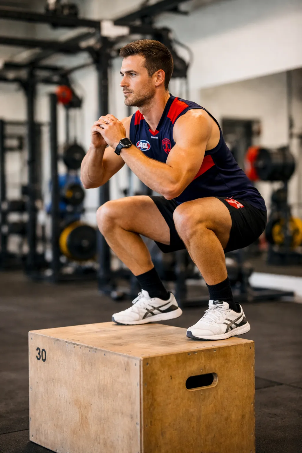 AFL football player performing an explosive box jump during strength and conditioning training in a gym.