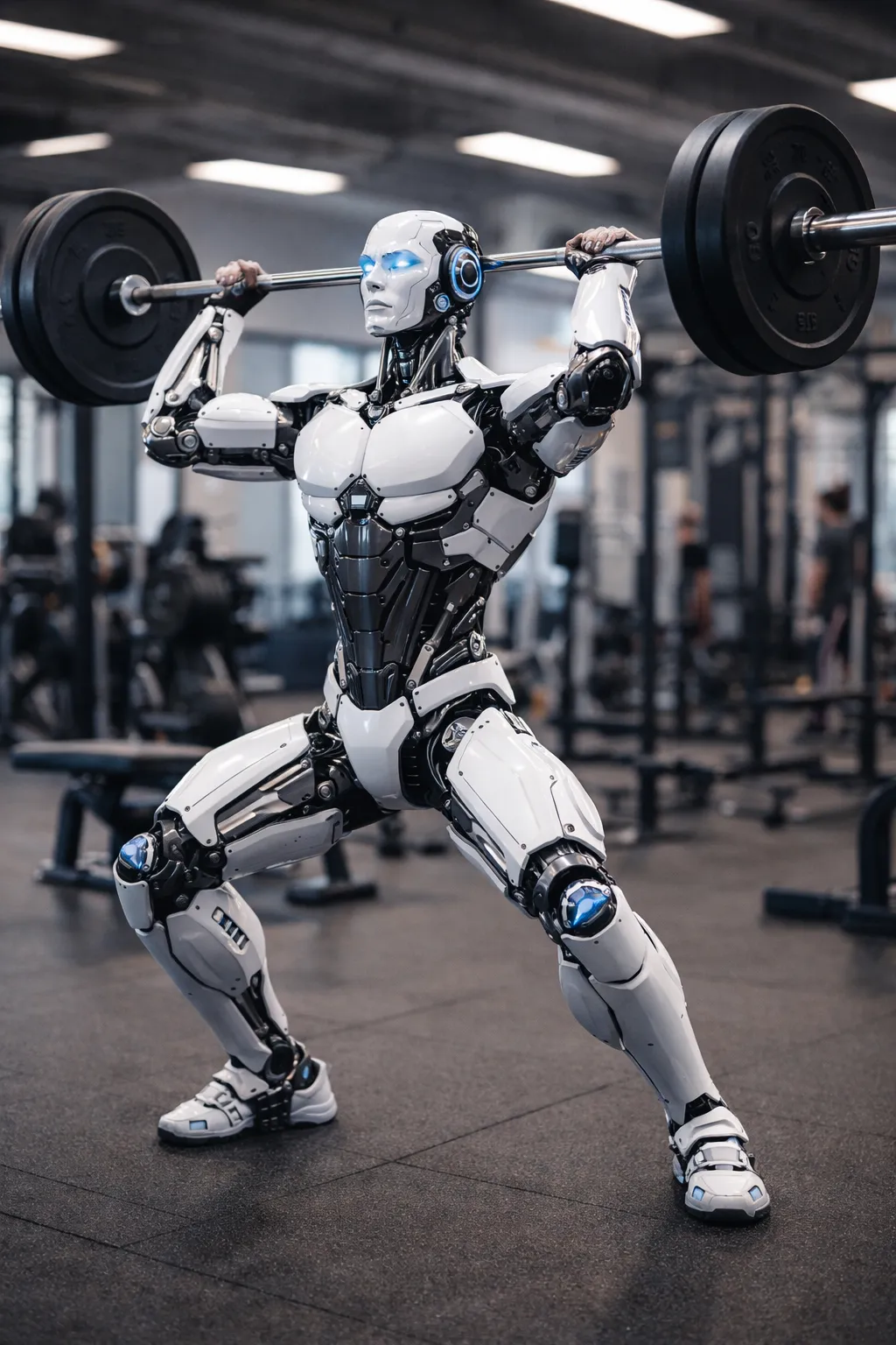 A futuristic humanoid robot performing a clean and jerk lift in a modern gym, holding a barbell overhead with glowing blue eyes and visible mechanical joints, surrounded by workout equipment in the background.