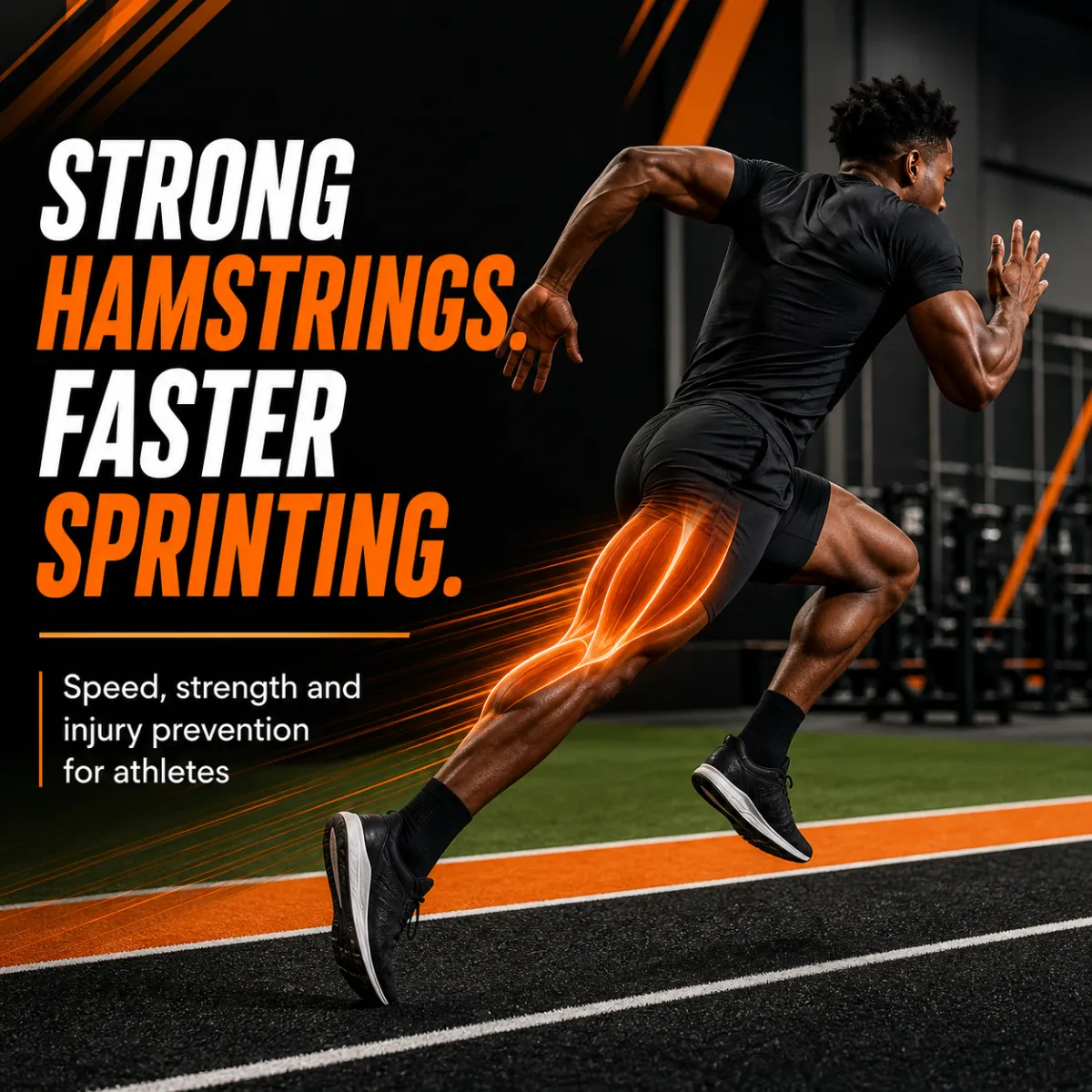 Muscular male athlete sprinting indoors on a track in a modern performance gym, with the hamstri