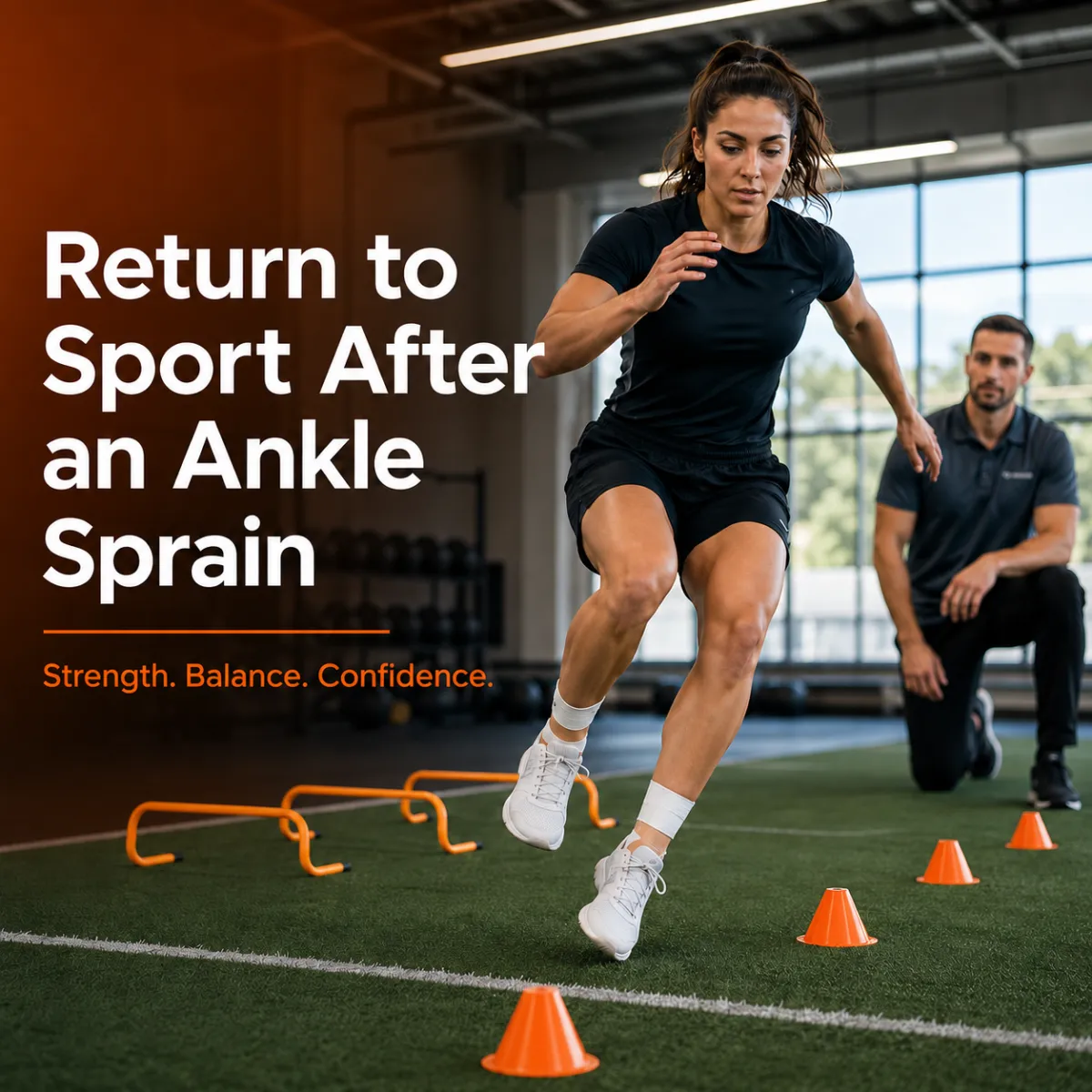 Athlete completing return-to-sport ankle sprain rehab with jumping, balance and change-of-direction testing at a sports physiotherapy clinic.