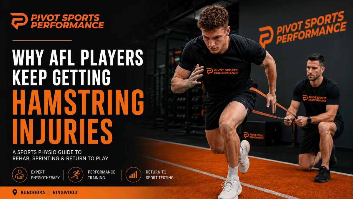 AFL athlete sprinting during hamstring injury rehab with sports physiotherapist guiding return to sport training at Pivot Sports Performance