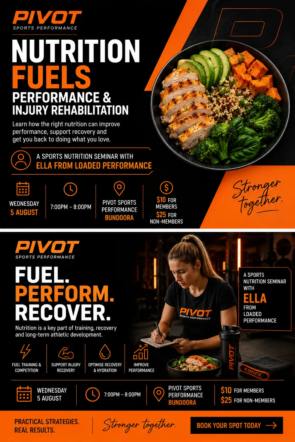 Sports dietitian educating young athletes on nutrition for performance and injury rehabilitation at Pivot Sports Performance.