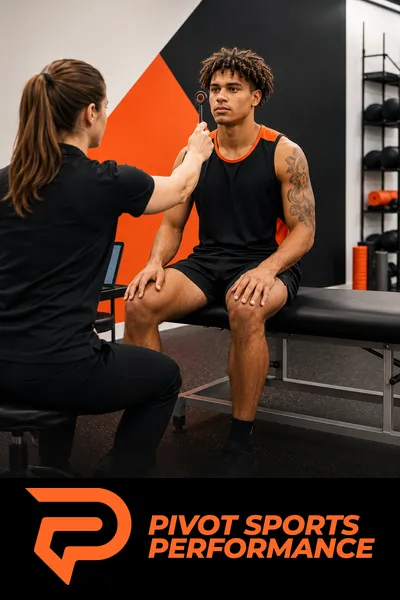 Sports physiotherapist assessing an athlete’s eye tracking after a suspected sports concussion in Melbourne