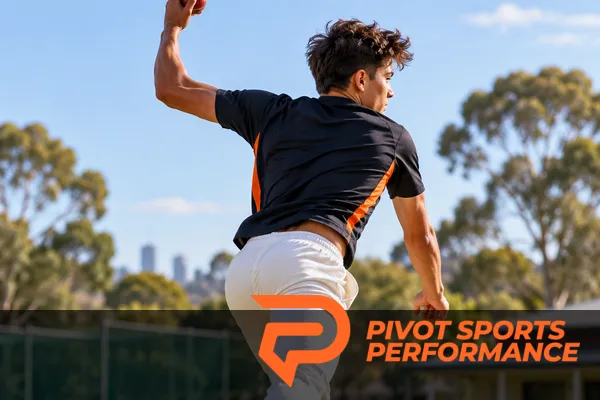 Junior fast bowler delivering a cricket ball on a Melbourne oval, illustrating lower-back loading during fast bowling.