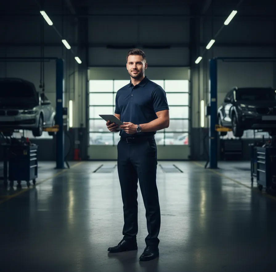 Confident Dealership Service Advisor checking data