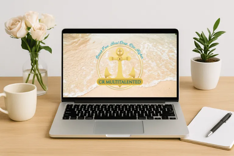CR Multitalented workspace of Crystal Roman showing laptop and logo, representing faith-based coaching and business services.