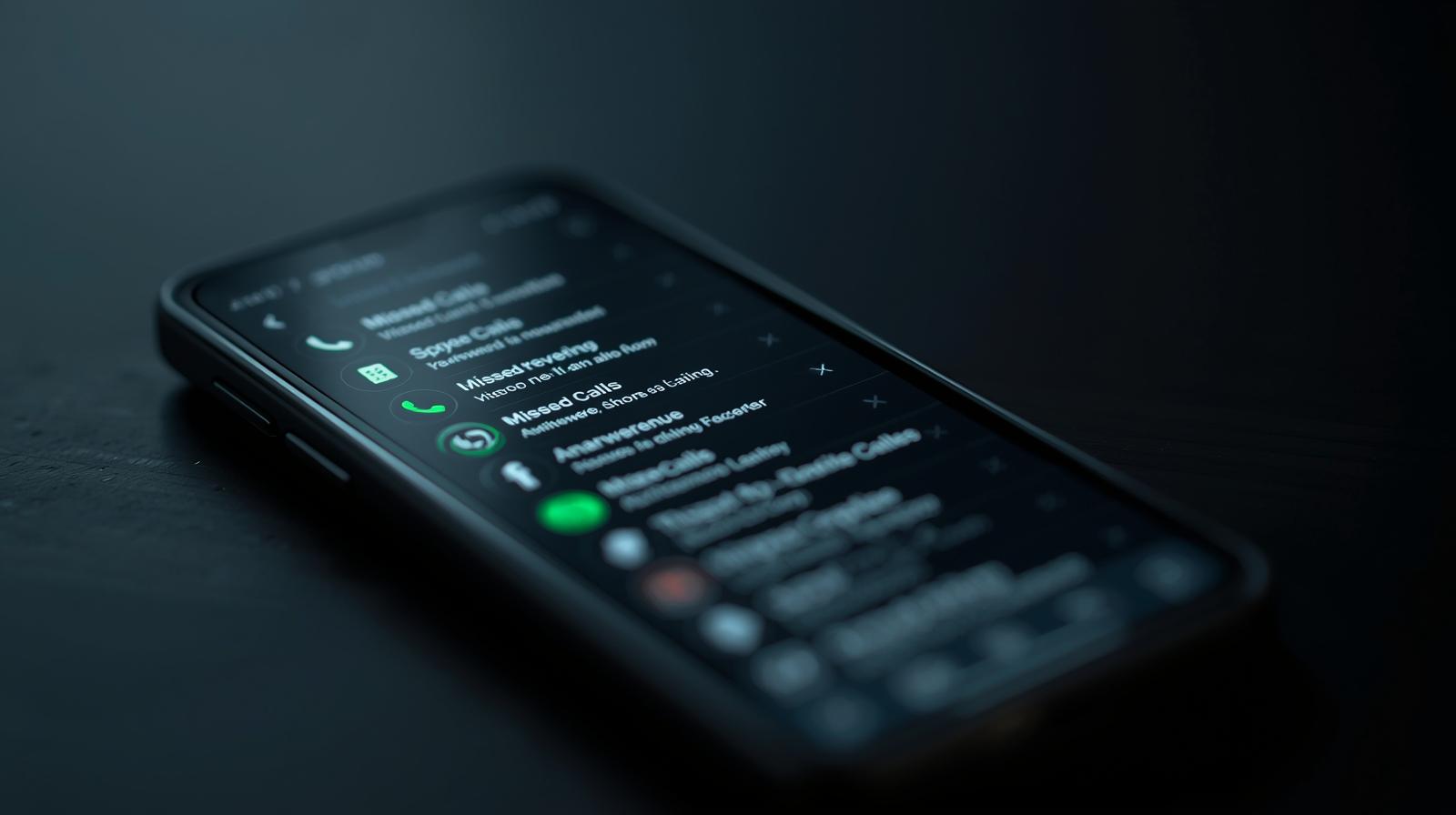 Realistic photo of a smartphone displaying a screen full of missed calls