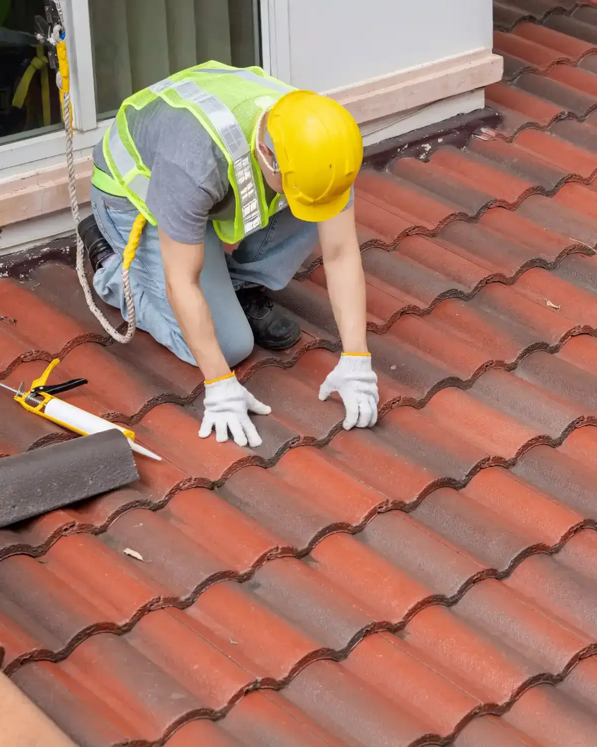 Inspector in hard hat and vest checking red clay tile on residential roof — roof inspection Palm Desert CA