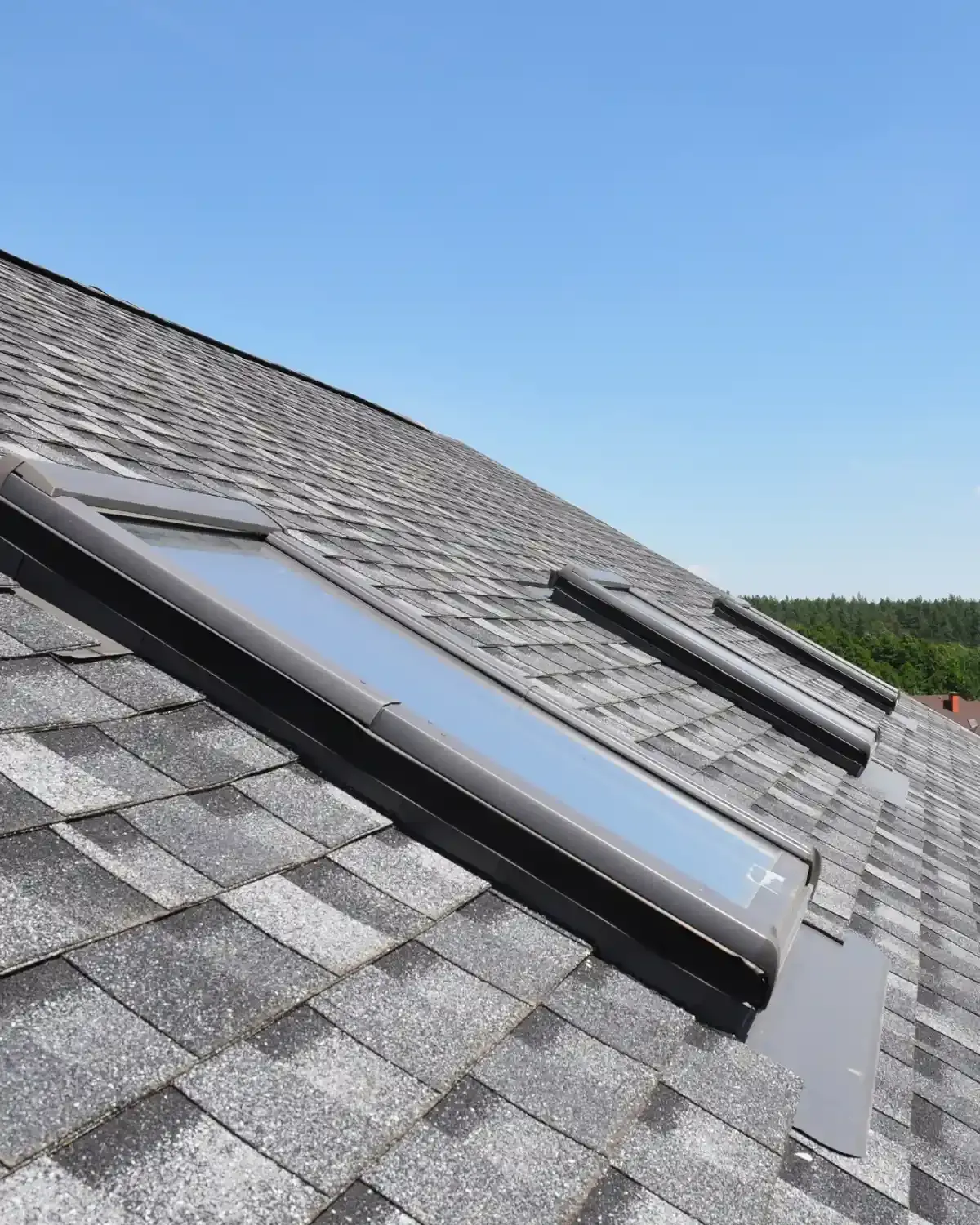 Large vented skylight flanked by two smaller units on gray shingle roof — roofing services Palm Springs CA