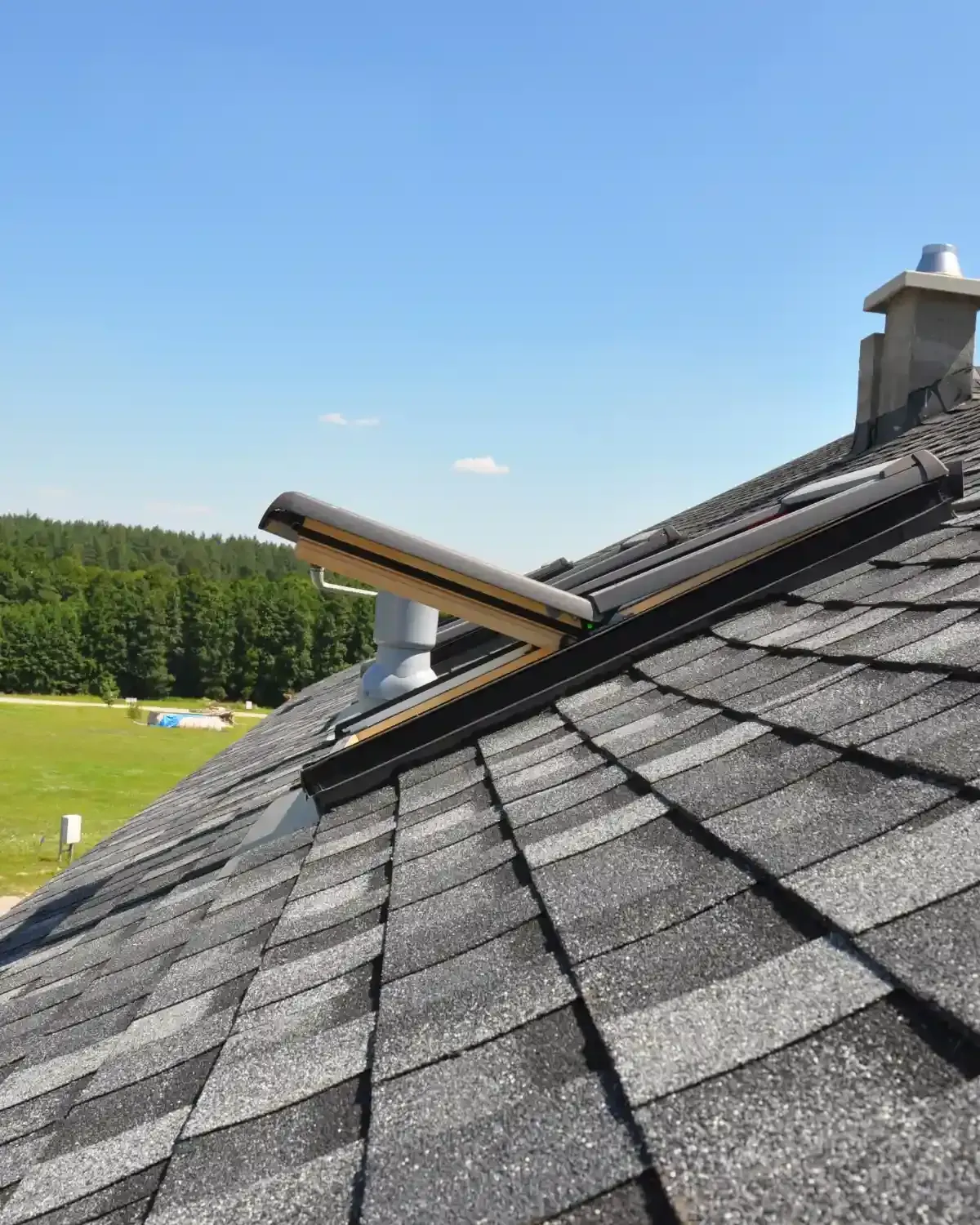 Open pitched skylight on gray shingle roof with forest and open field beyond — roof installer Palm Springs