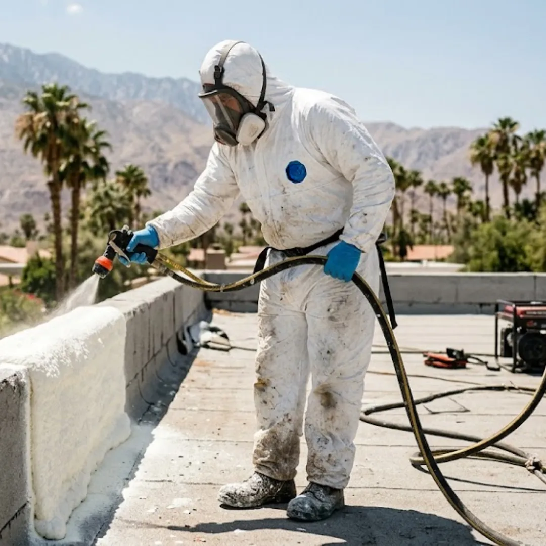 Roofing technician in protective suit and respirator spray-applying foam insulation to a rooftop parapet wall in the desert