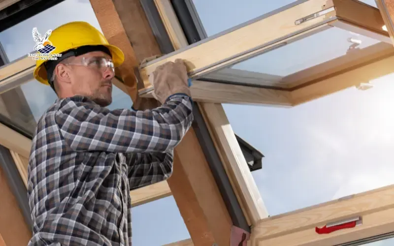 Roofing contractor installing a skylight during a roof upgrade.