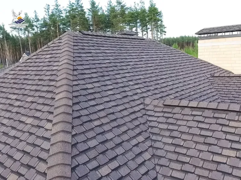 Aerial view of a newly shingled residential roof